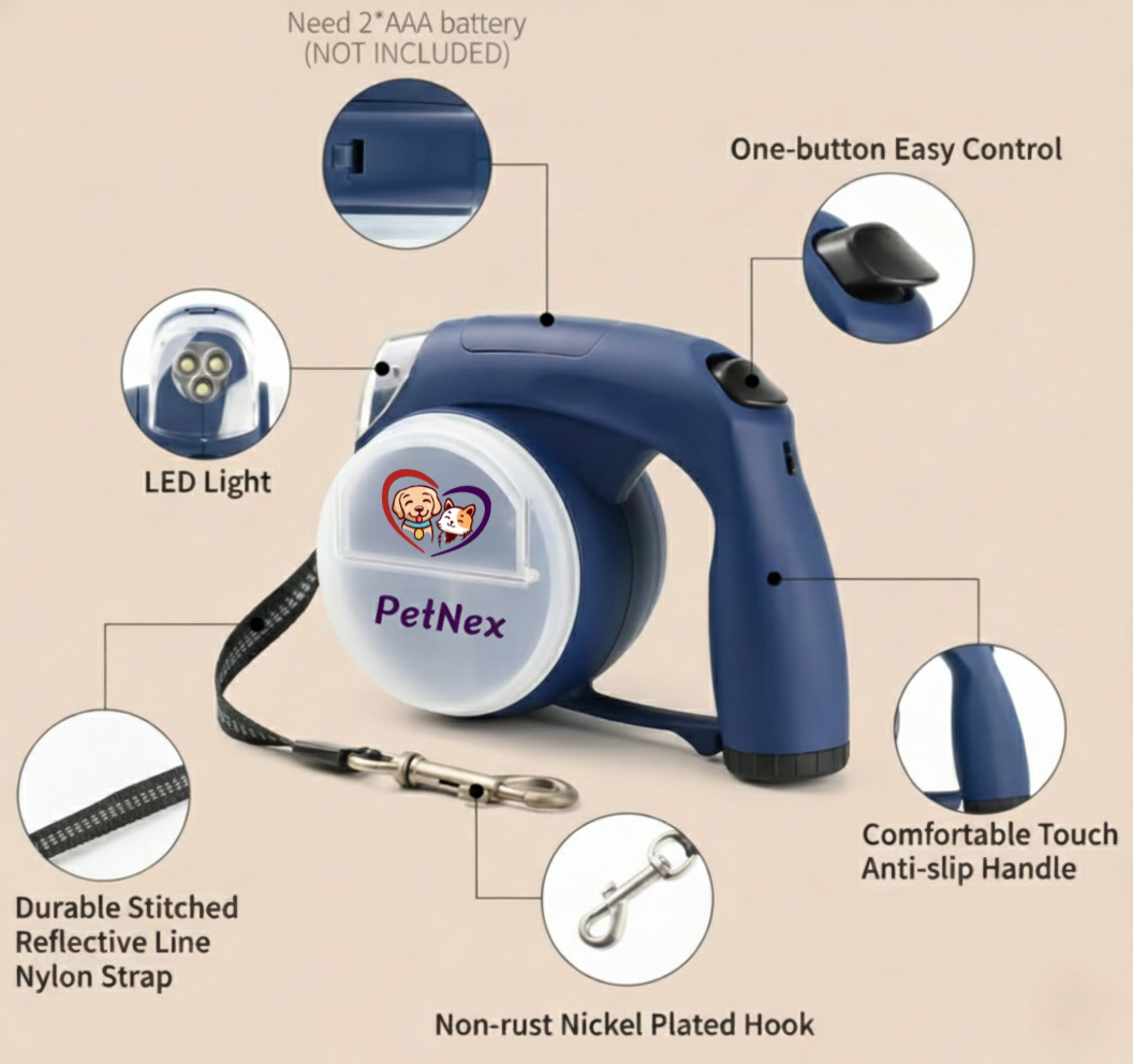 PetNex retractable dog leash with LED flashlight and storage compartments blue color