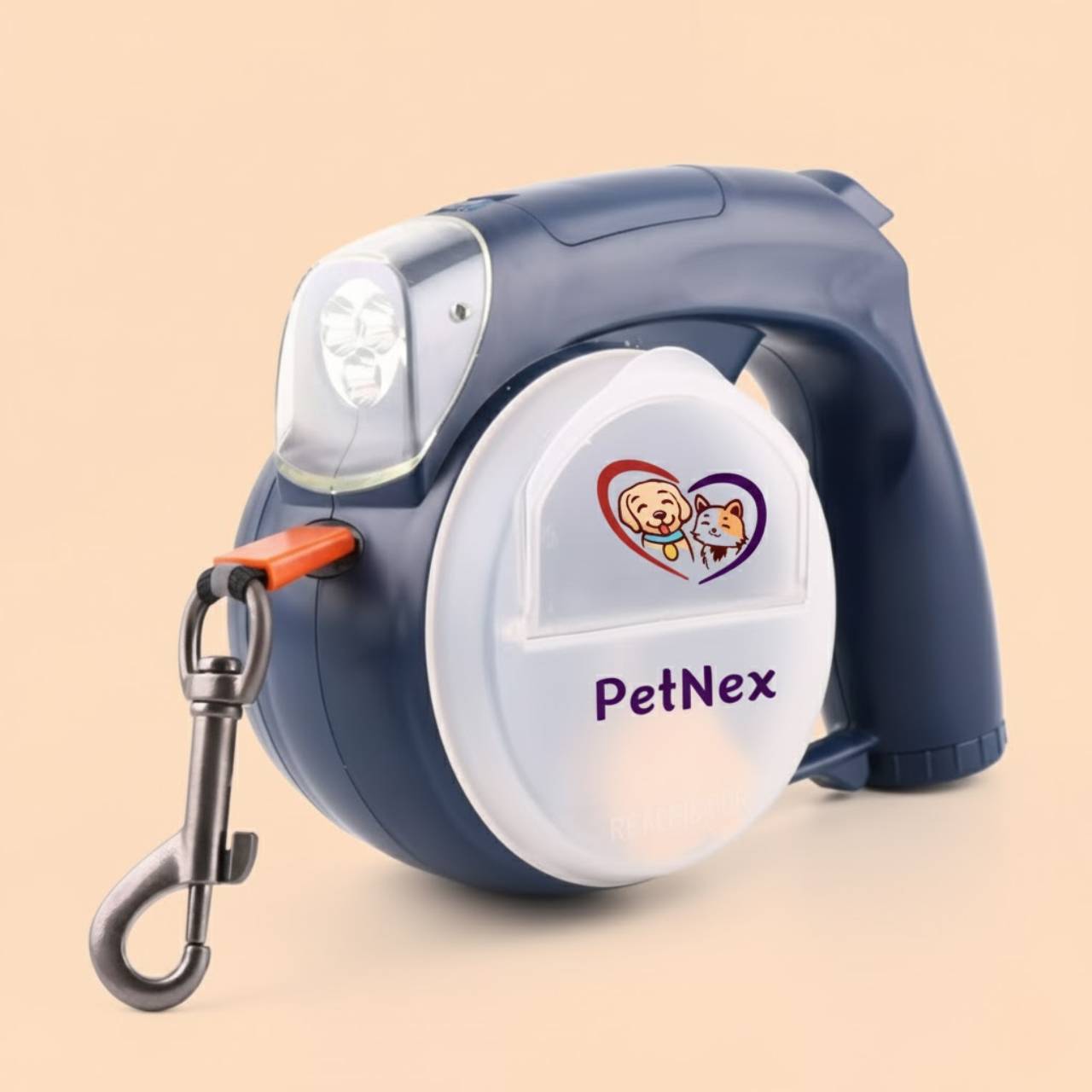 PetNex retractable dog leash with LED flashlight and storage compartments blue color in perspective