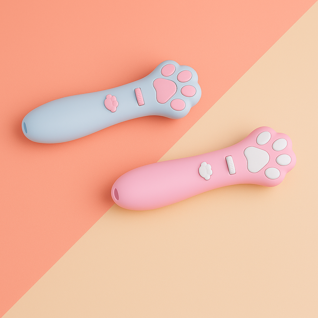 Two colorful handheld cat Laser toy with paw print designs on a two-tone pink and beige background