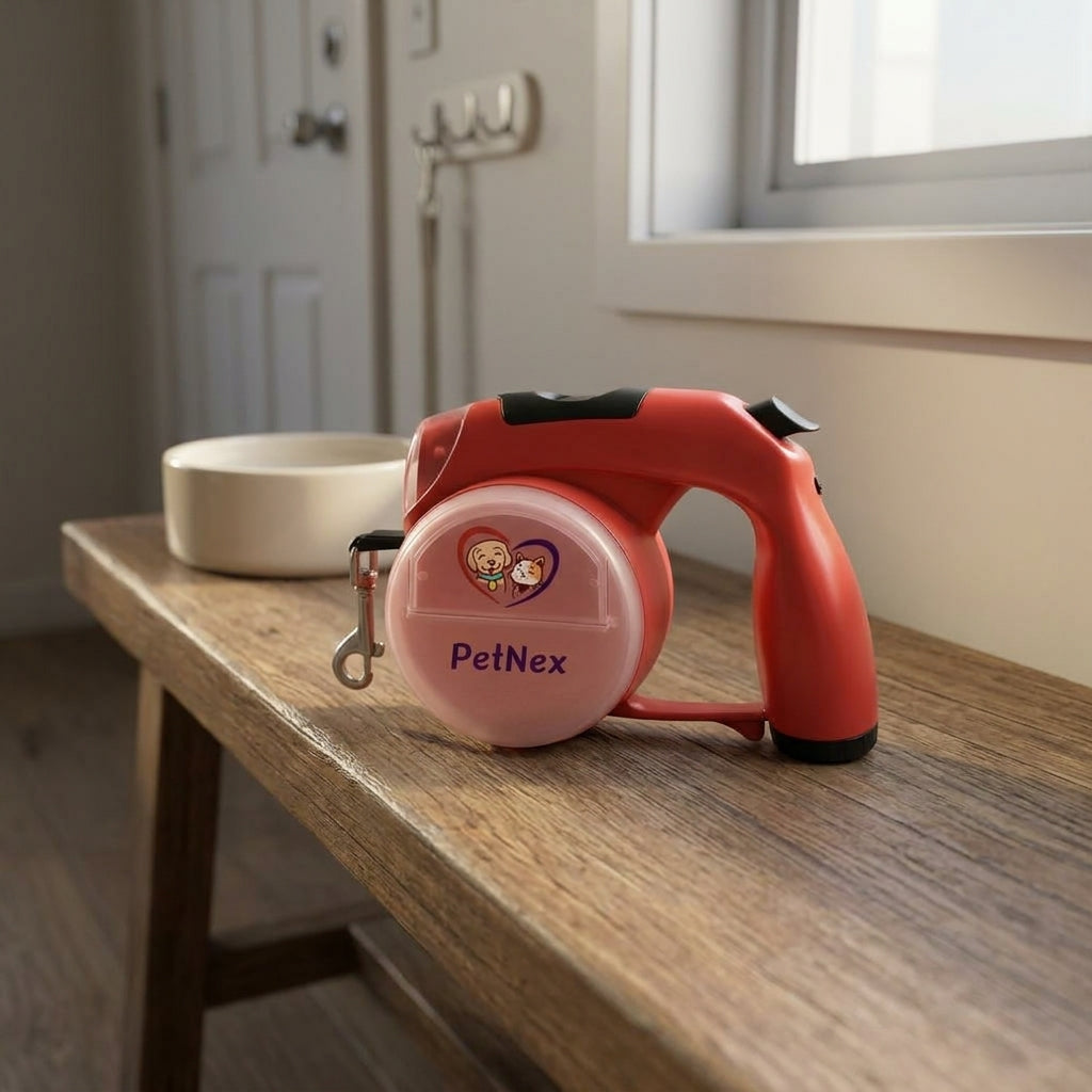 PetNex retractable dog leash with LED flashlight and storage compartments red color kept on a table